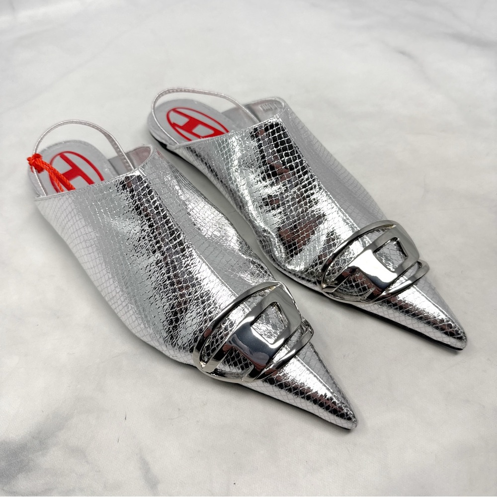 NEW Diesel D-Venus Snakeskin Metallic Metal Logo Pointed Toe Flat Mule Shoes 37 - Picture 3 of 16